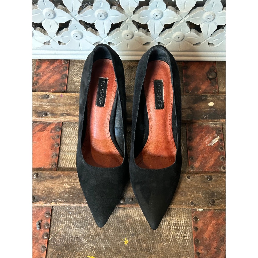 Topshop Black Suede Pointed Toe Architectural Block Heel Pumps Size 7.5